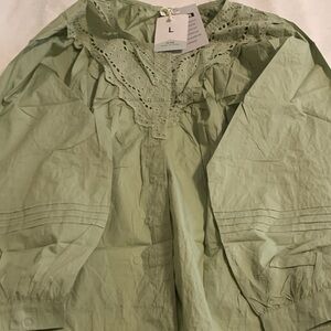 Womens Light Green Eyelet V-Neck Blouse